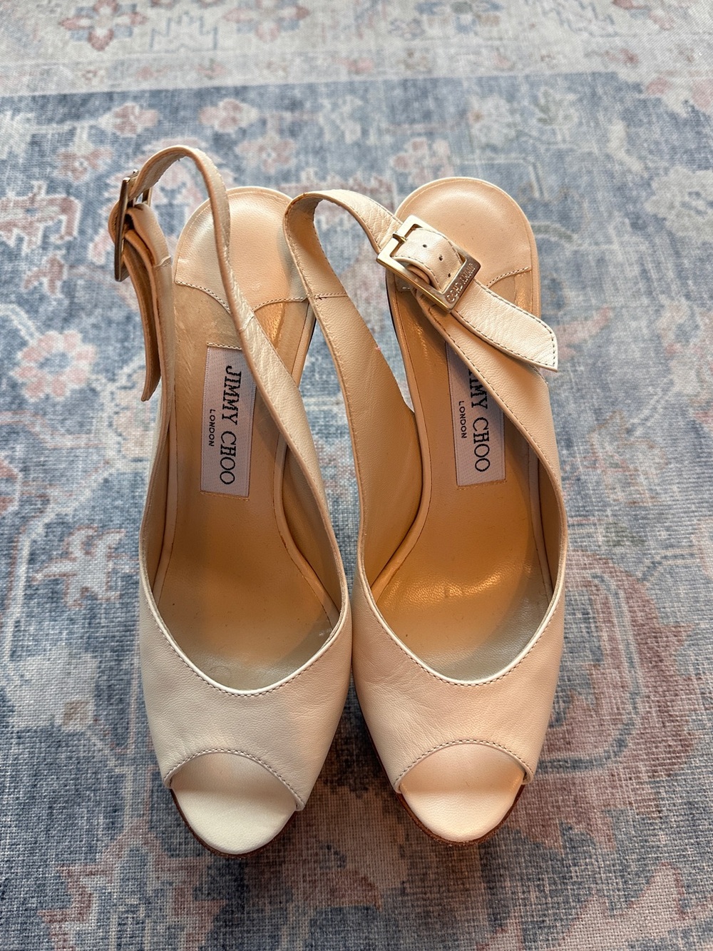 Jimmy Choo London Ivory Nude LeatherSlingback Peep Toe Heels 37 US 7 5" Designer